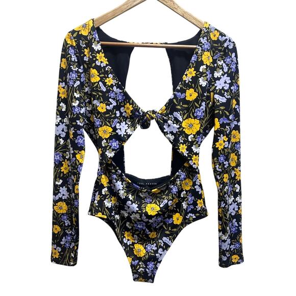 Tori Praver Paige Cut Out Rashguard M Swimwear Blk Yellow Floral Surfer Feminine - Picture 1 of 7